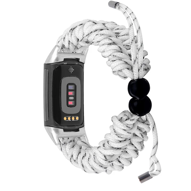 Stretchable Nylon Braided Rope Watch Strap Slide Beads Replacement Wrist Band for Fitbit Charge 6 / 5 - White / Grey