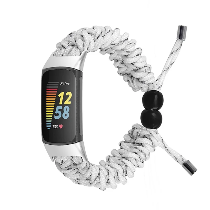 Stretchable Nylon Braided Rope Watch Strap Slide Beads Replacement Wrist Band for Fitbit Charge 6 / 5 - White / Grey