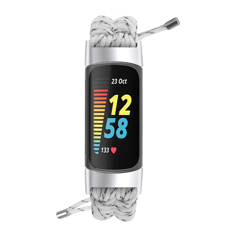 Stretchable Nylon Braided Rope Watch Strap Slide Beads Replacement Wrist Band for Fitbit Charge 6 / 5 - White / Grey