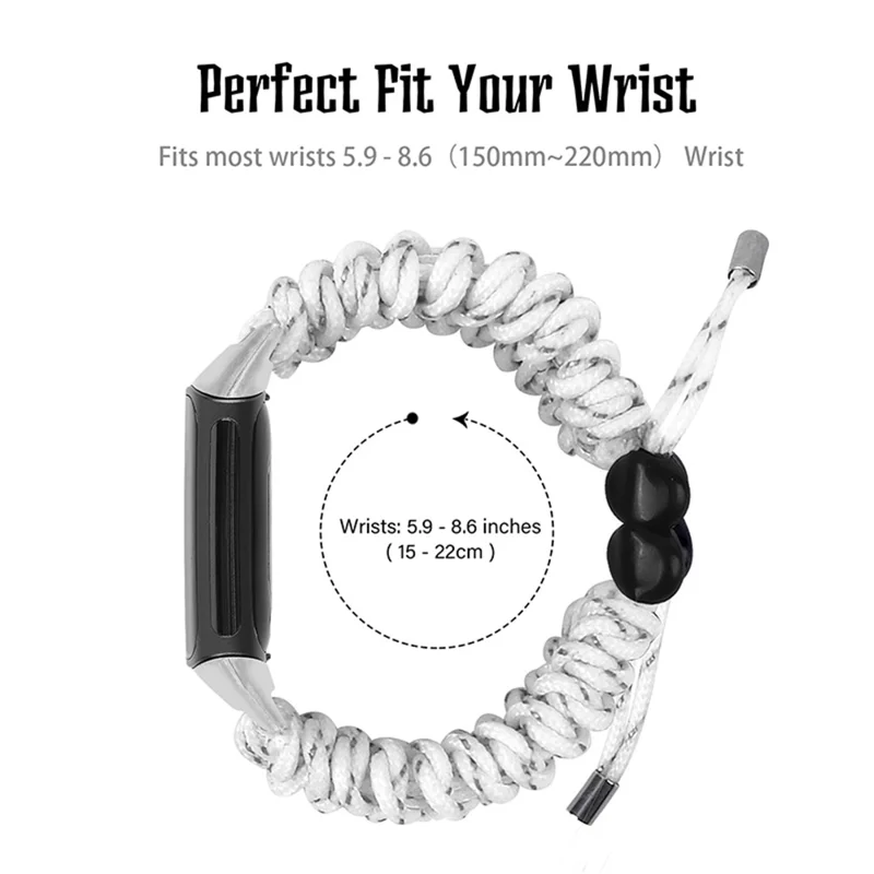 Stretchable Nylon Braided Rope Watch Strap Slide Beads Replacement Wrist Band for Fitbit Charge 6 / 5 - White / Grey