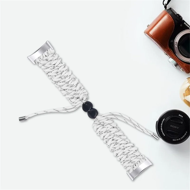 Stretchable Nylon Braided Rope Watch Strap Slide Beads Replacement Wrist Band for Fitbit Charge 6 / 5 - White / Grey