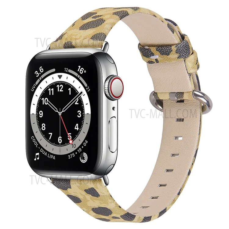 Fashion Leopard Pattern Watchband Top Layer Cowhide Genuine Leather Round Tail Strap for Apple Watch Series 8 41mm / Series 7 41mm / Series 6 / 5 / 4 / SE / SE(2022) 40mm / Watch Series 1 / 2 / 3 38mm - Army Green Leopard