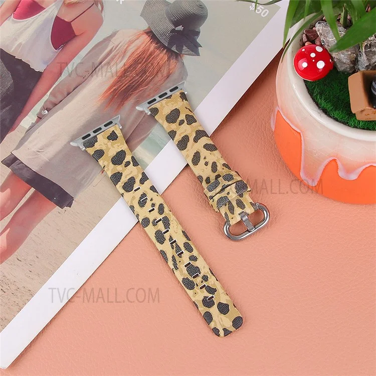 Fashion Leopard Pattern Watchband Top Layer Cowhide Genuine Leather Round Tail Strap for Apple Watch Series 8 41mm / Series 7 41mm / Series 6 / 5 / 4 / SE / SE(2022) 40mm / Watch Series 1 / 2 / 3 38mm - Army Green Leopard