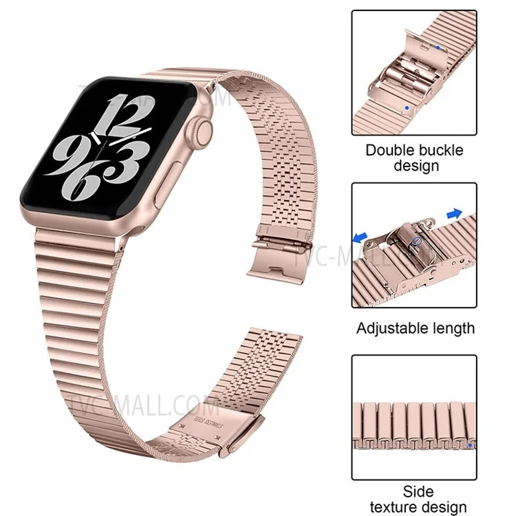 Side Textured Adjustable Stainless Steel Watch Band with Double Buckle Design for Apple Watch Series 10 46mm / Ultra 2 Ultra 49mm / 9 8 7 45mm / SE (2023) SE (2022) SE 6 5 4 44mm / 3 2 1 42mm - Pink Gold
