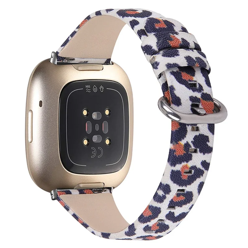 Genuine Cowhide Leather Leopard Texture Smart Watch Strap Adjustable Wristband for Fitbit Versa 3/Fitbit Sense - White/Brown