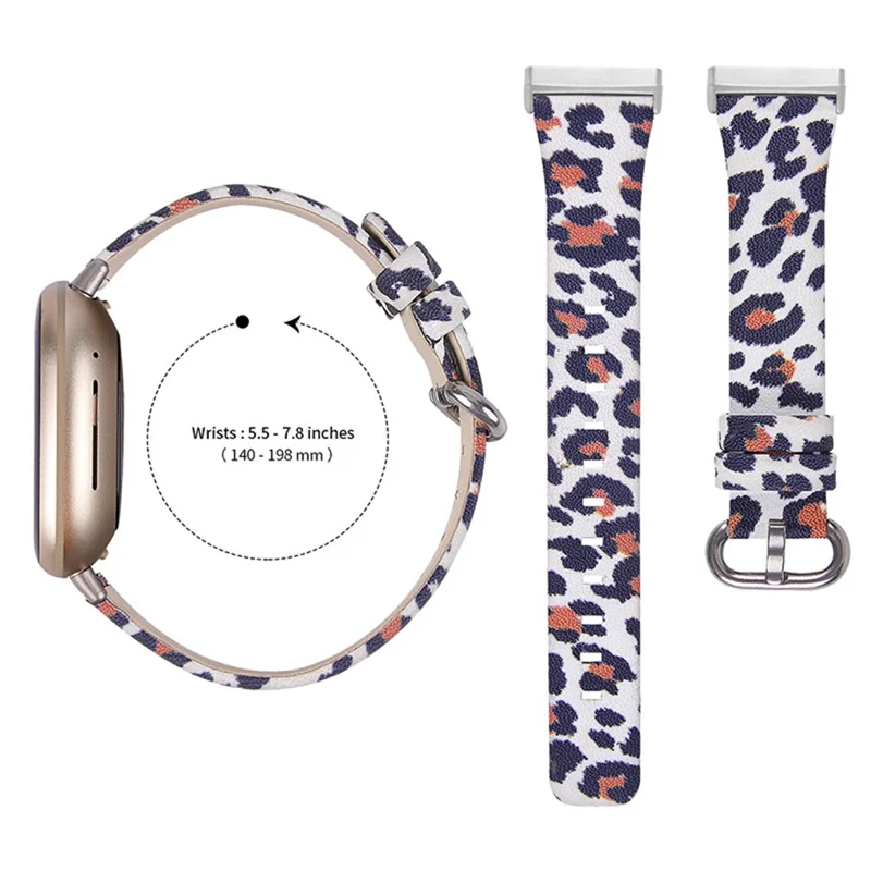 Genuine Cowhide Leather Leopard Texture Smart Watch Strap Adjustable Wristband for Fitbit Versa 3/Fitbit Sense - White/Brown