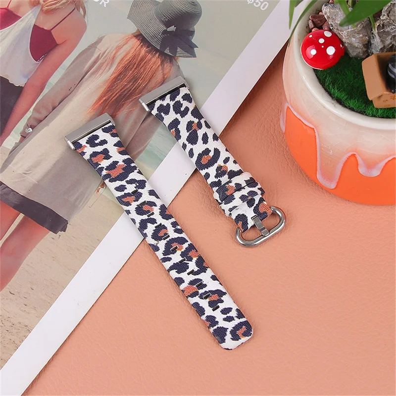 Genuine Cowhide Leather Leopard Texture Smart Watch Strap Adjustable Wristband for Fitbit Versa 3/Fitbit Sense - White/Brown