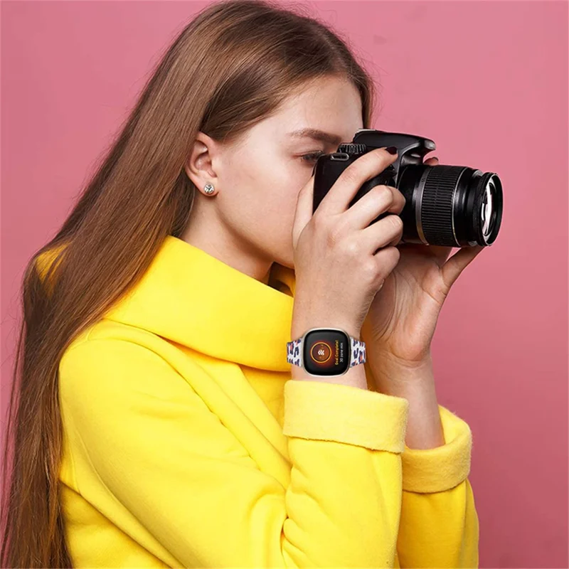 Genuine Cowhide Leather Leopard Texture Smart Watch Strap Adjustable Wristband for Fitbit Versa 3/Fitbit Sense - White/Brown