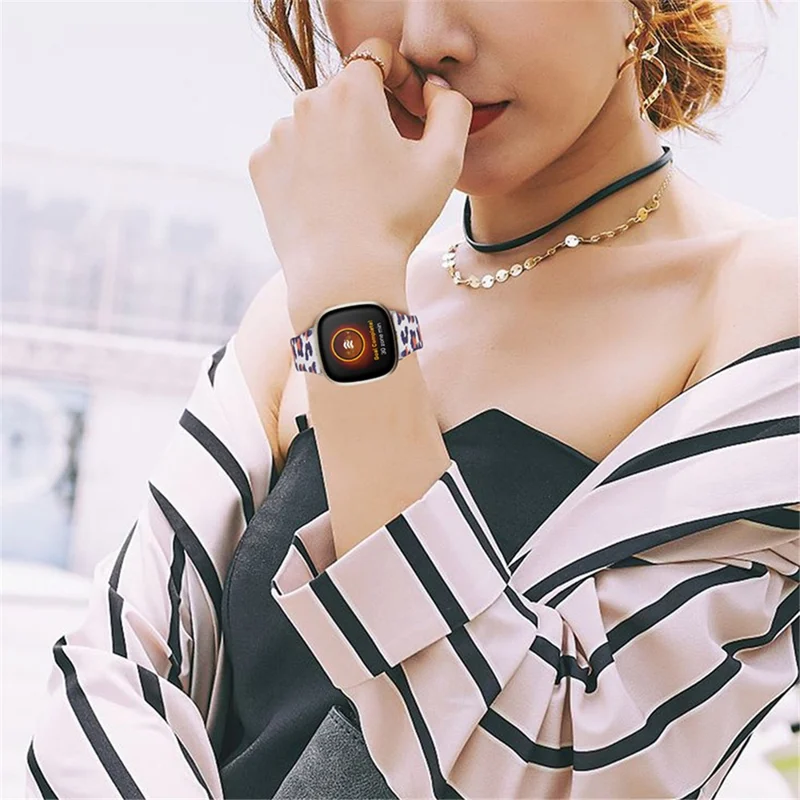 Genuine Cowhide Leather Leopard Texture Smart Watch Strap Adjustable Wristband for Fitbit Versa 3/Fitbit Sense - White/Brown