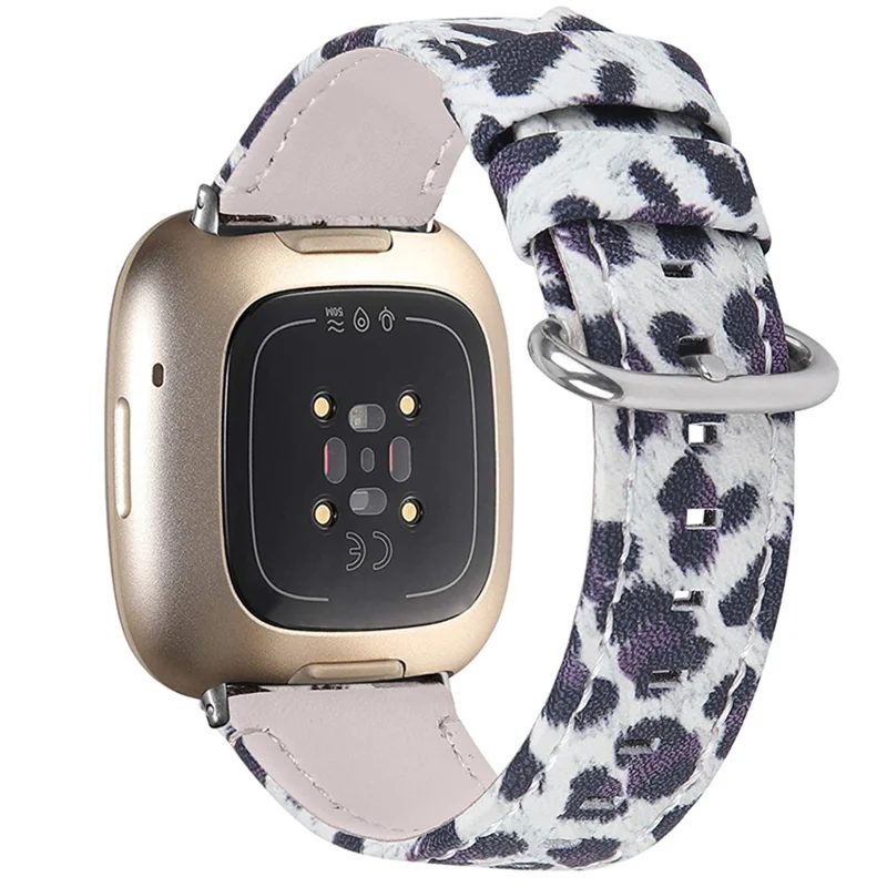 Leopard Texture Genuine Cowhide Leather Adjustable Watch Band Strap for Fitbit Versa 3/Fitbit Sense - Black