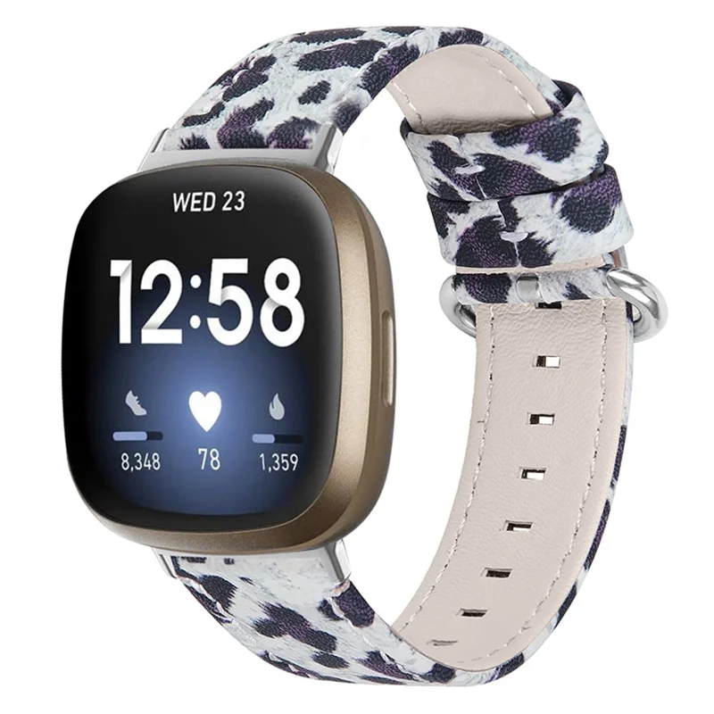 Leopard Texture Genuine Cowhide Leather Adjustable Watch Band Strap for Fitbit Versa 3/Fitbit Sense - Black