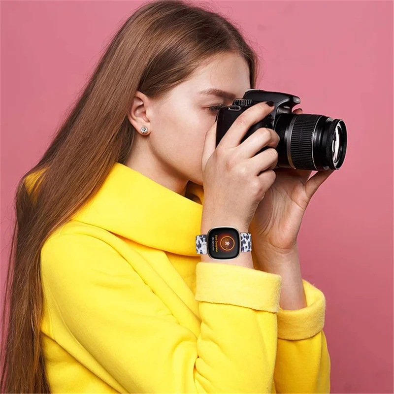 Leopard Texture Genuine Cowhide Leather Adjustable Watch Band Strap for Fitbit Versa 3/Fitbit Sense - Black