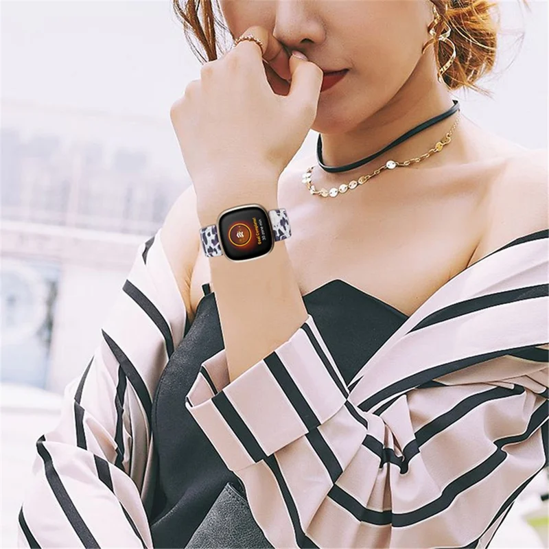 Leopard Texture Genuine Cowhide Leather Adjustable Watch Band Strap for Fitbit Versa 3/Fitbit Sense - Black