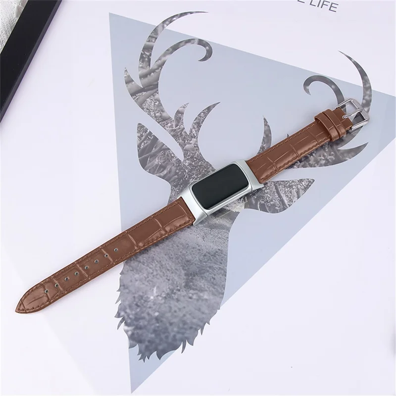 Correia de Relógio Inteligente em Couro Genuíno com Textura de Crocodilo, Ajustável, para Fitbit Charge 6 / 5 - Marrom