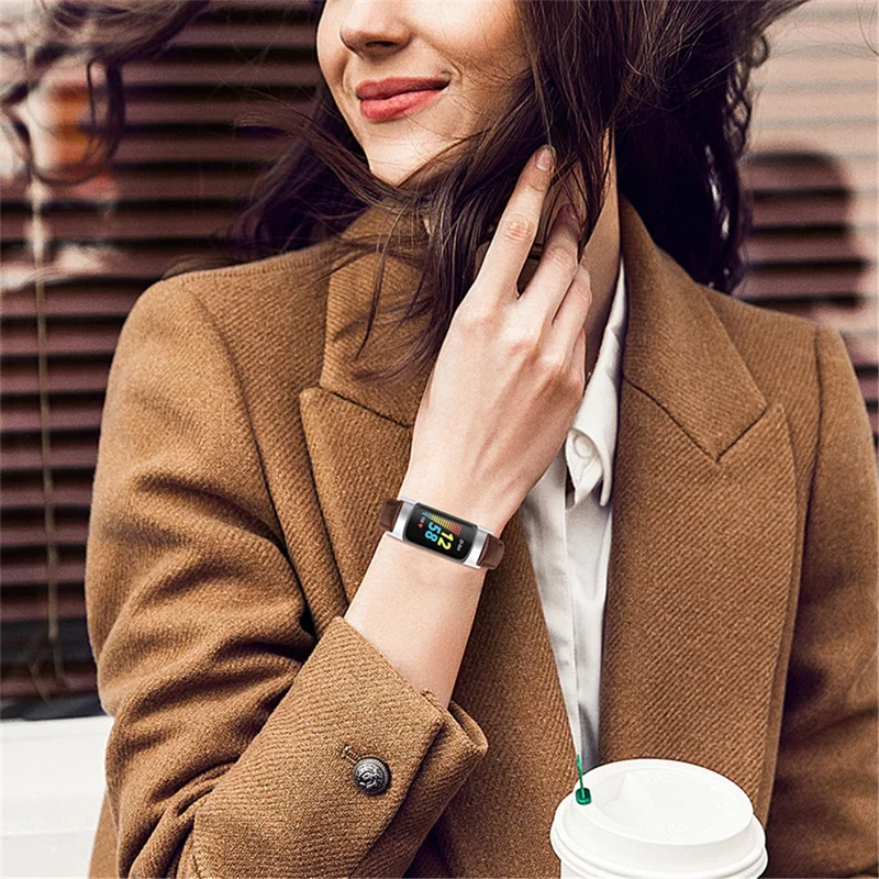 Correia de Relógio Inteligente em Couro Genuíno com Textura de Crocodilo, Ajustável, para Fitbit Charge 6 / 5 - Marrom