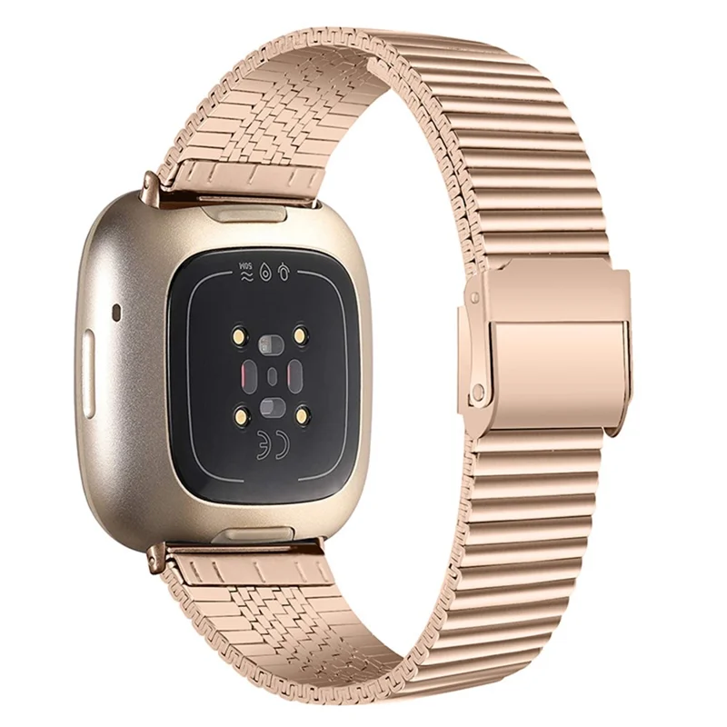 One Bead Double Buckle Side Textured Stainless Steel Watch Band Wrist Bracelet Strap for Fitbit Versa 3/Fitbit Sense - Pink Gold
