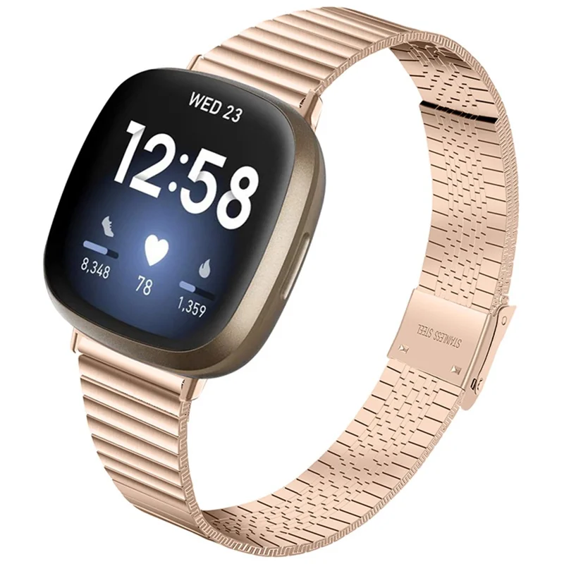 One Bead Double Buckle Side Textured Stainless Steel Watch Band Wrist Bracelet Strap for Fitbit Versa 3/Fitbit Sense - Pink Gold