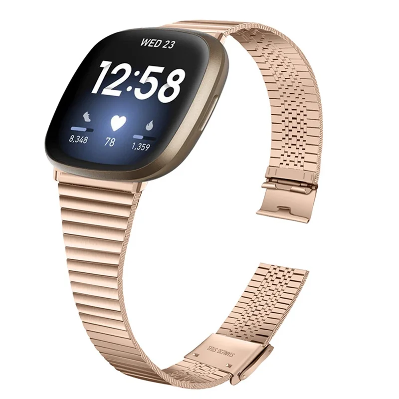 One Bead Double Buckle Side Textured Stainless Steel Watch Band Wrist Bracelet Strap for Fitbit Versa 3/Fitbit Sense - Pink Gold