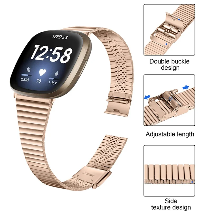 One Bead Double Buckle Side Textured Stainless Steel Watch Band Wrist Bracelet Strap for Fitbit Versa 3/Fitbit Sense - Pink Gold