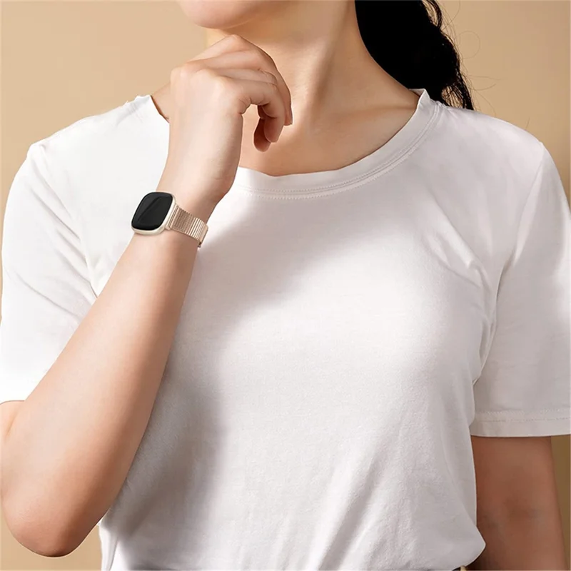 One Bead Double Buckle Side Textured Stainless Steel Watch Band Wrist Bracelet Strap for Fitbit Versa 3/Fitbit Sense - Pink Gold