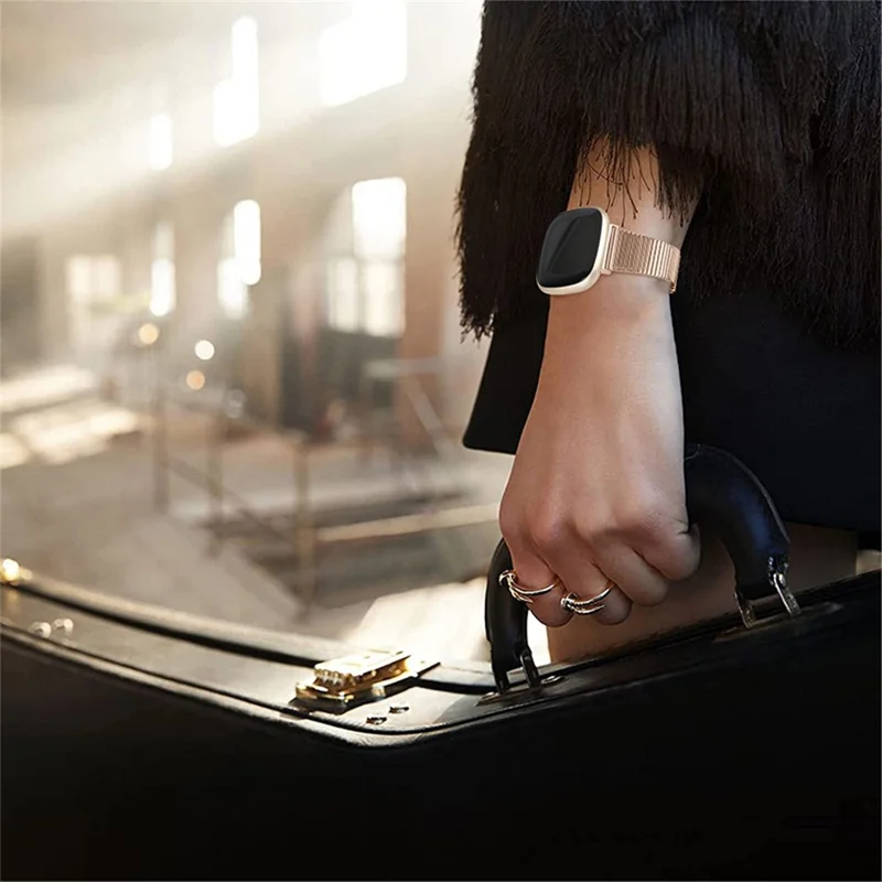 One Bead Double Buckle Side Textured Stainless Steel Watch Band Wrist Bracelet Strap for Fitbit Versa 3/Fitbit Sense - Pink Gold