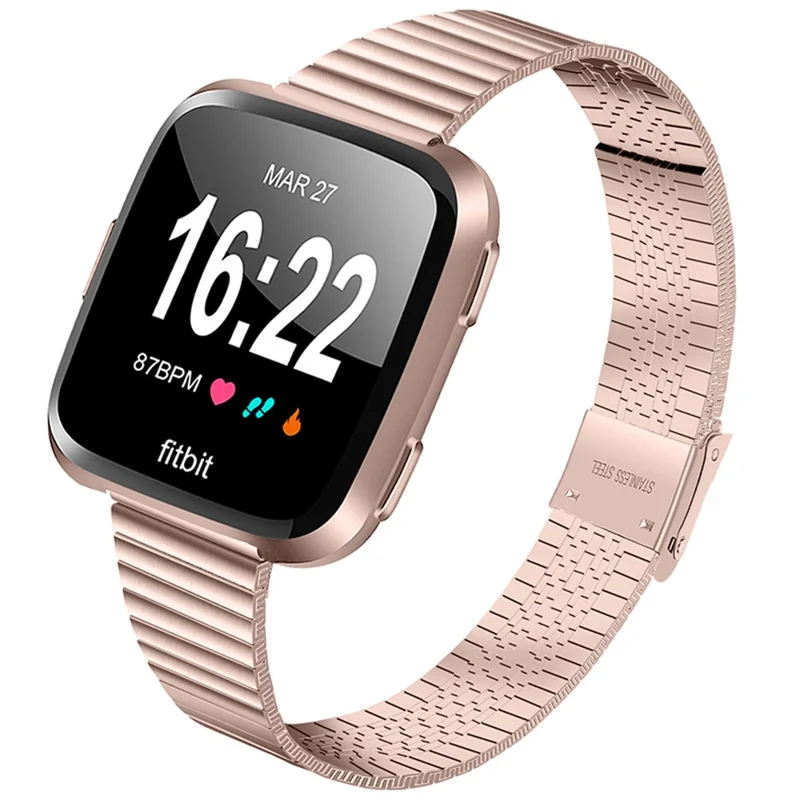 Stylish Stainless Steel Wrist Strap with Double Buckle Side Textured Band Smart Watch Accessory for Fitbit Versa/Versa 2/Versa Lite/Versa SE - Pink Gold