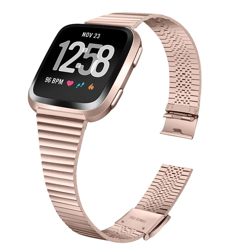 Stylish Stainless Steel Wrist Strap with Double Buckle Side Textured Band Smart Watch Accessory for Fitbit Versa/Versa 2/Versa Lite/Versa SE - Pink Gold