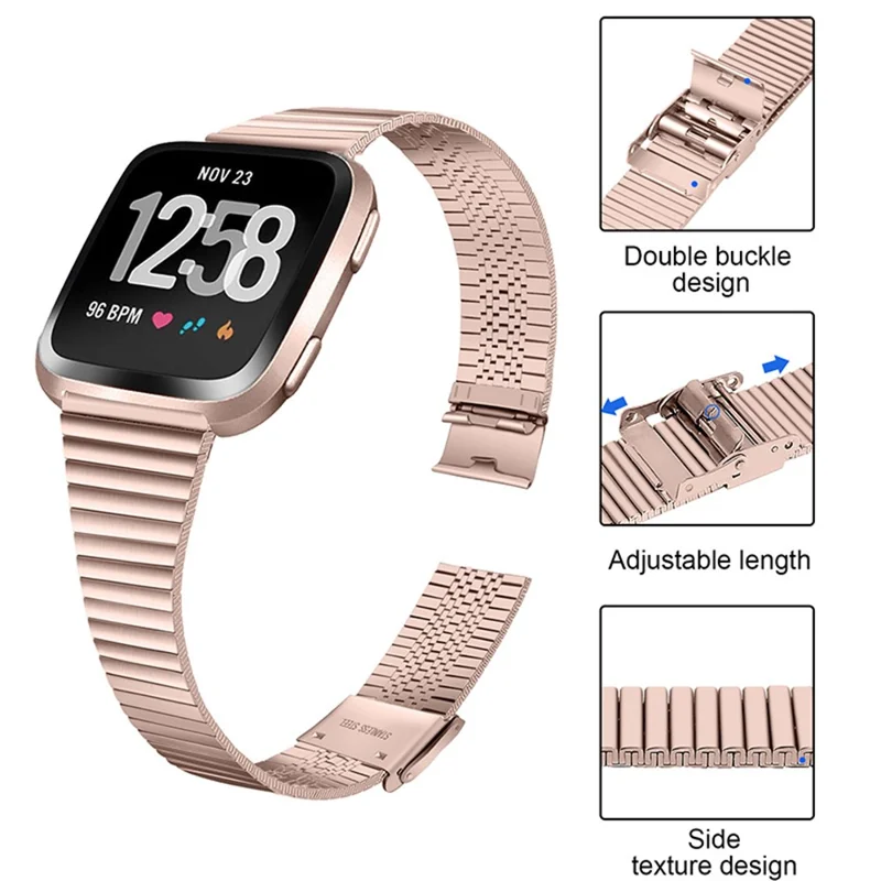Stylish Stainless Steel Wrist Strap with Double Buckle Side Textured Band Smart Watch Accessory for Fitbit Versa/Versa 2/Versa Lite/Versa SE - Pink Gold