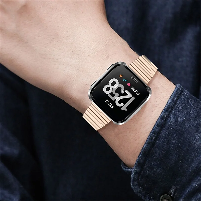 Stylish Stainless Steel Wrist Strap with Double Buckle Side Textured Band Smart Watch Accessory for Fitbit Versa/Versa 2/Versa Lite/Versa SE - Pink Gold