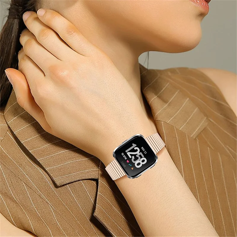 Stylish Stainless Steel Wrist Strap with Double Buckle Side Textured Band Smart Watch Accessory for Fitbit Versa/Versa 2/Versa Lite/Versa SE - Pink Gold