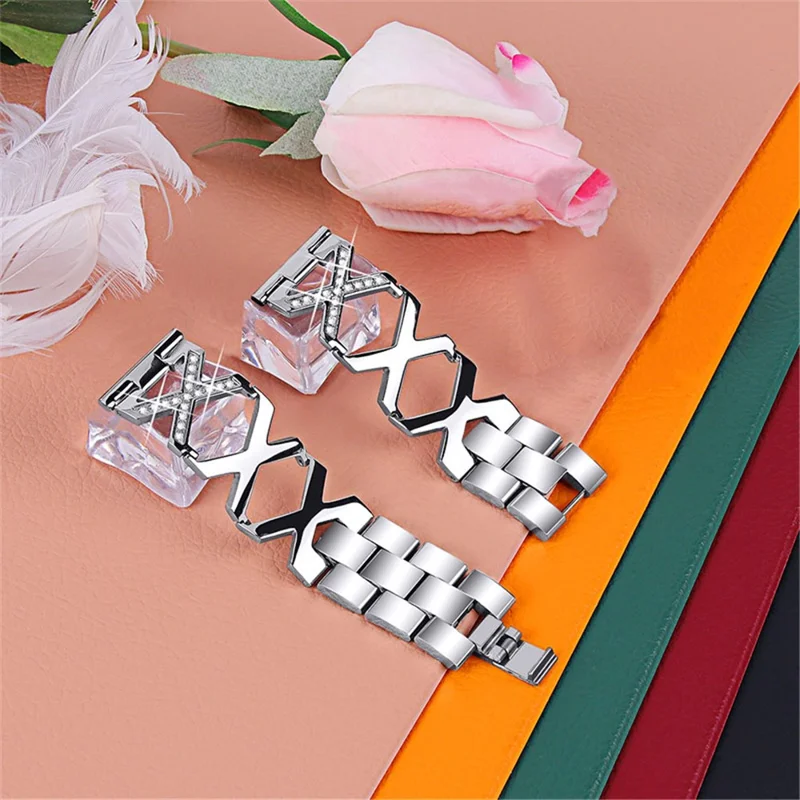 Women Luxury Rhinestone X Design Stainless Steel Hollow Watchband Strap for Fitbit Versa/Versa 2/Versa Lite/Versa SE - Silver