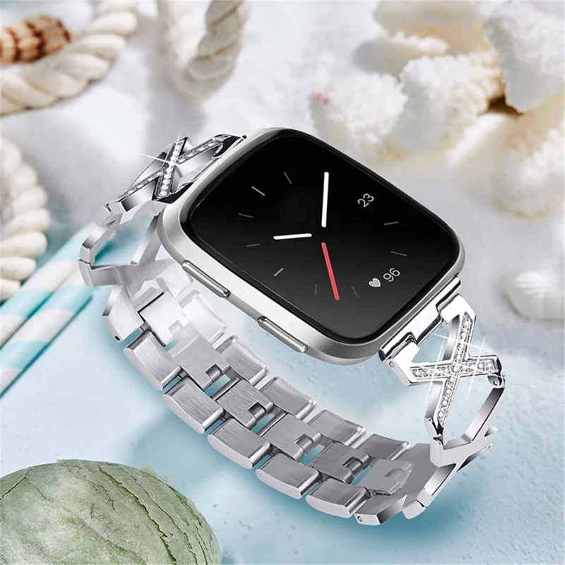 Women Luxury Rhinestone X Design Stainless Steel Hollow Watchband Strap for Fitbit Versa/Versa 2/Versa Lite/Versa SE - Silver