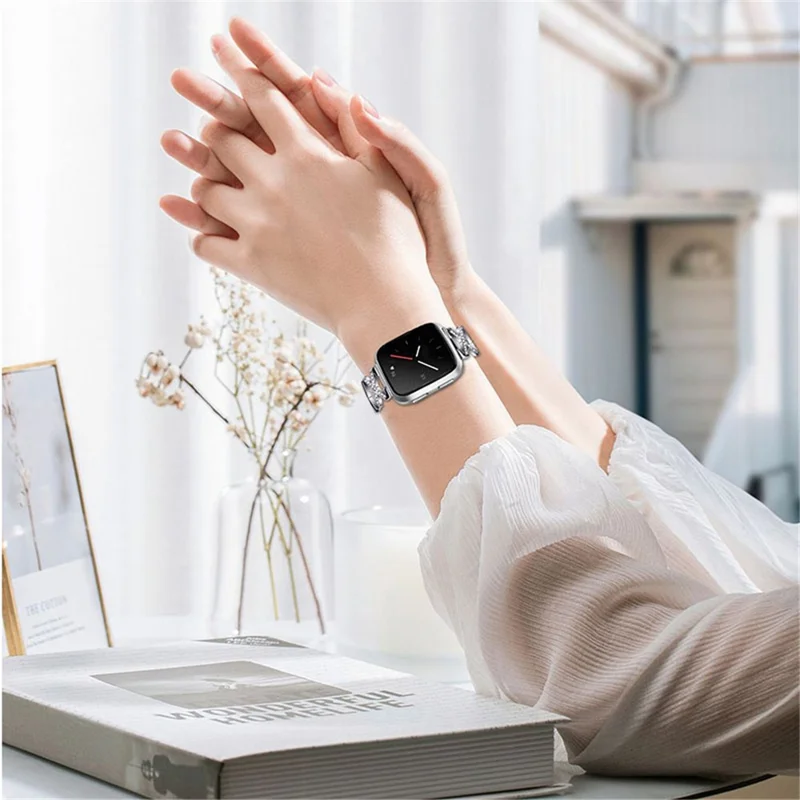 Women Luxury Rhinestone X Design Stainless Steel Hollow Watchband Strap for Fitbit Versa/Versa 2/Versa Lite/Versa SE - Silver
