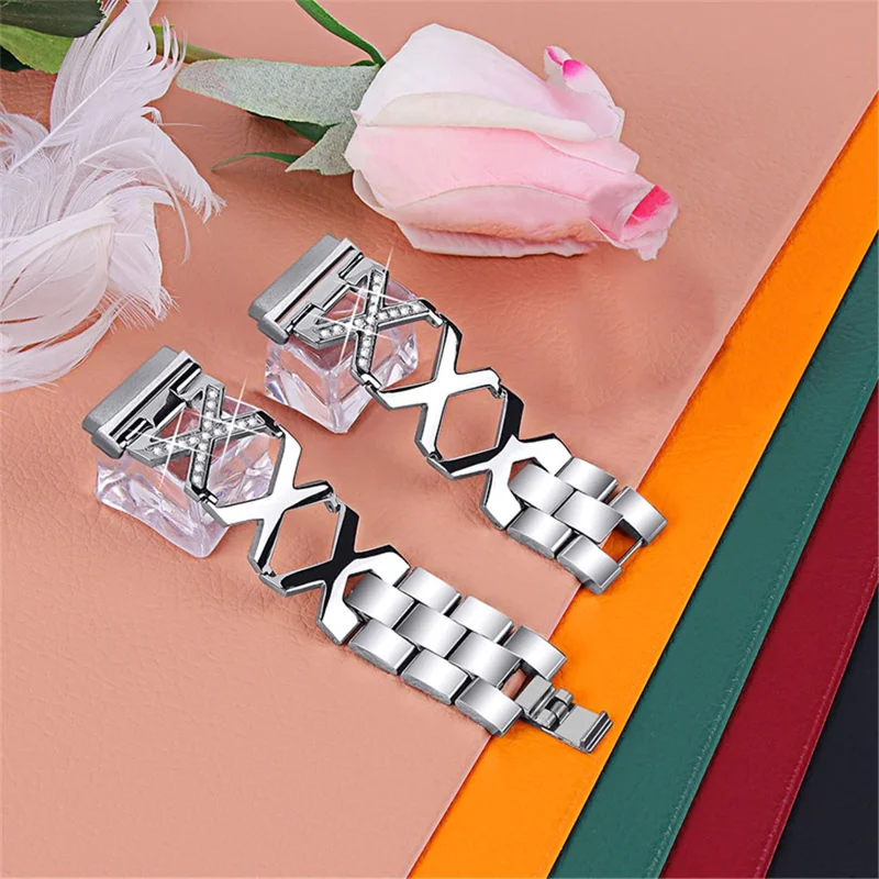 Women Luxury Rhinestone X Design Stainless Steel Watch Strap for Fitbit Versa 3/Fitbit Sense - Silver
