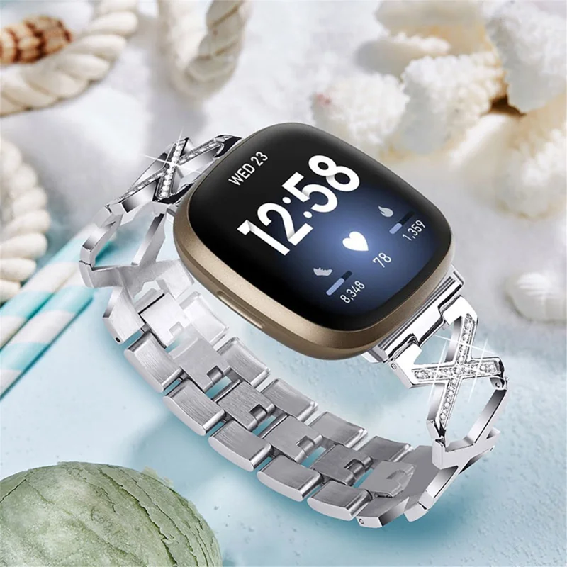 Women Luxury Rhinestone X Design Stainless Steel Watch Strap for Fitbit Versa 3/Fitbit Sense - Silver