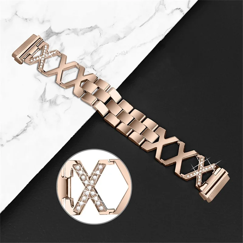 Bling Rhinestone X Design Women Stainless Steel Smart Watch Band for Fitbit Versa 3/Fitbit Sense - Gold