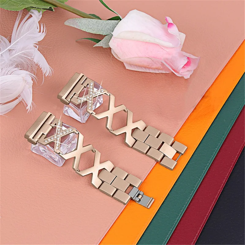 Bling Rhinestone X Design Women Stainless Steel Smart Watch Band for Fitbit Versa 3/Fitbit Sense - Gold