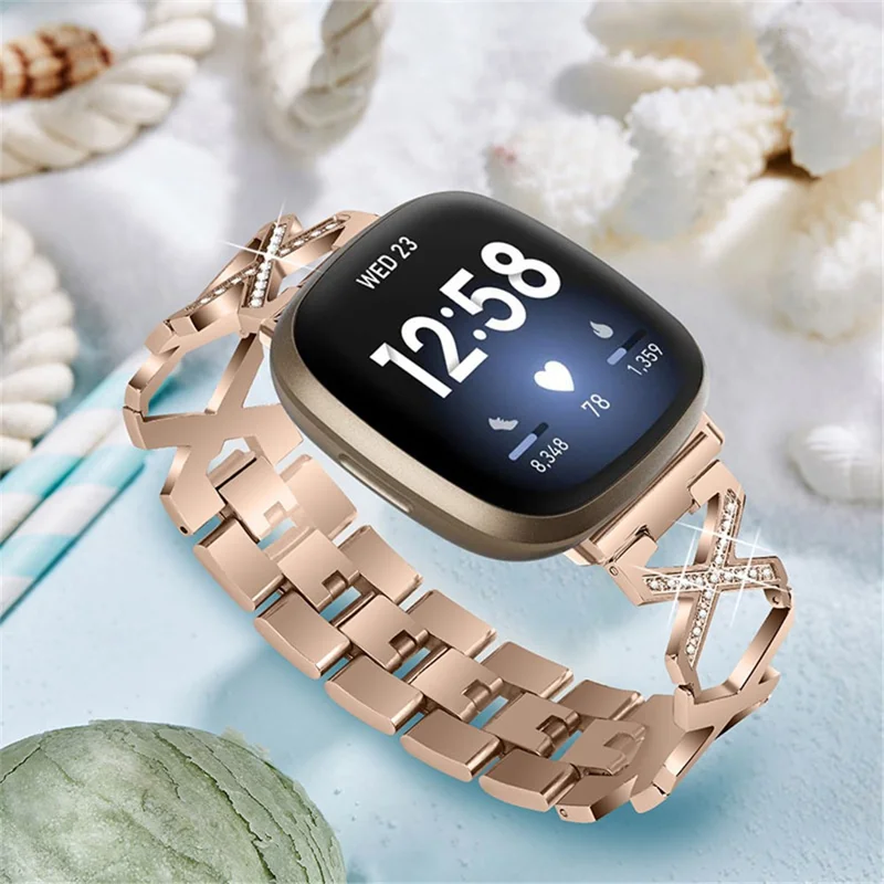 Bling Rhinestone X Design Women Stainless Steel Smart Watch Band for Fitbit Versa 3/Fitbit Sense - Gold