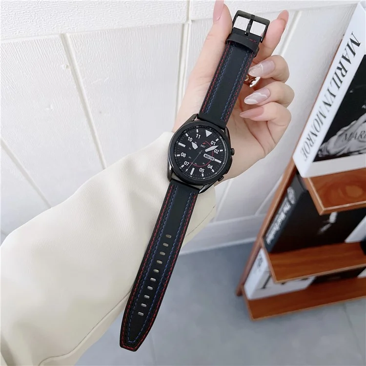 Bracelet de montre en cuir véritable de 22 mm pour le remplacement de la décoration de la couture pour Samsung Galaxy Watch3 45 mm/Suunto 9 Peak - Noir