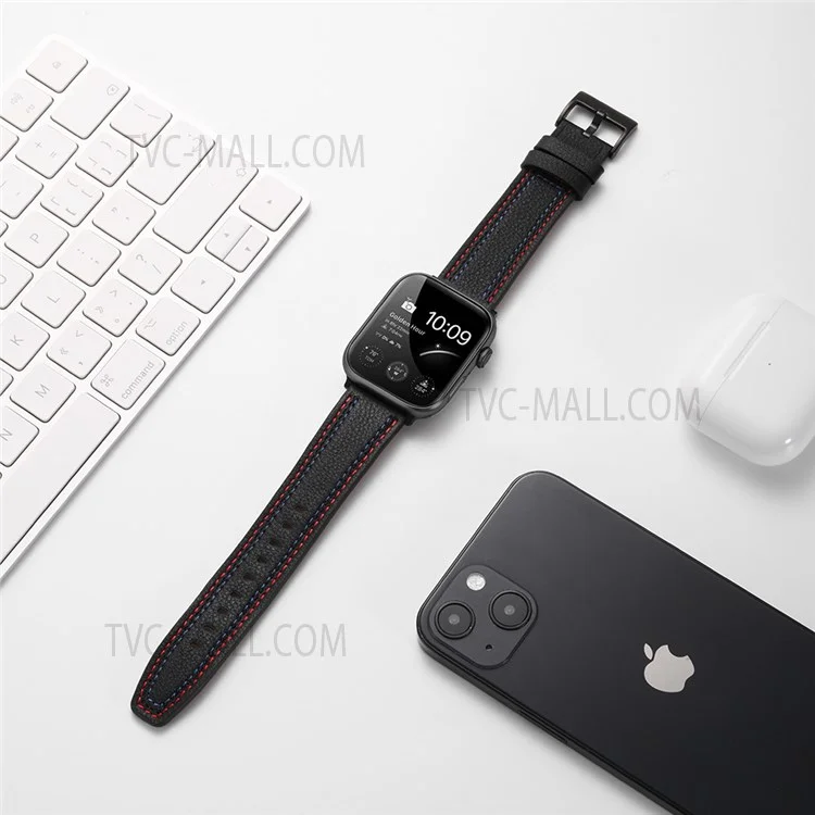 Stilvoller echter Leder Smart Watch Ersatzriemen für Apple Watch Serie 10 42 mm / 9 8 7 41 mm / 6 5 4 SE SE (2022) SE (2023) 40 mm / 3 2 1 38 mm - Schwarz