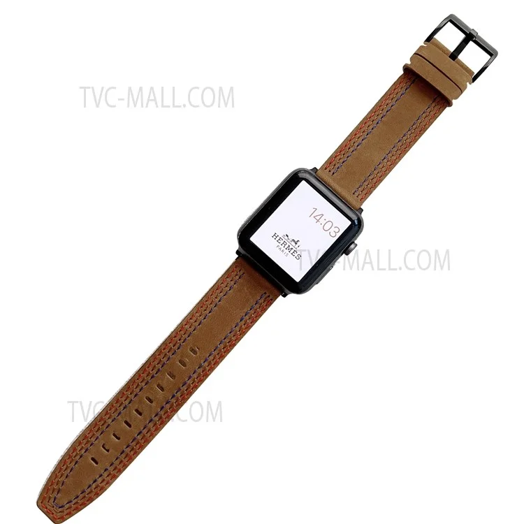 Genuine Leather Stitching Design Smart Bracelet Watch Strap Replacement for Apple Watch Ultra 2 49mm / Series 9 45mm / SE (2023) 44mm / Series 3 / 2 / 1 42mm / Apple Watch Series 6 / 5 / 4 / SE 44mm / SE (2022) 44mm / Ultra 49mm / Series 8 45mm / 7 45mm - Brown