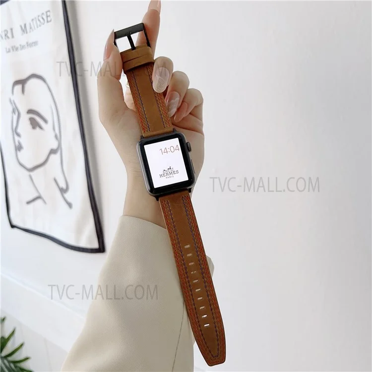 Genuine Leather Stitching Design Smart Bracelet Watch Strap Replacement for Apple Watch Ultra 2 49mm / Series 9 45mm / SE (2023) 44mm / Series 3 / 2 / 1 42mm / Apple Watch Series 6 / 5 / 4 / SE 44mm / SE (2022) 44mm / Ultra 49mm / Series 8 45mm / 7 45mm - Brown