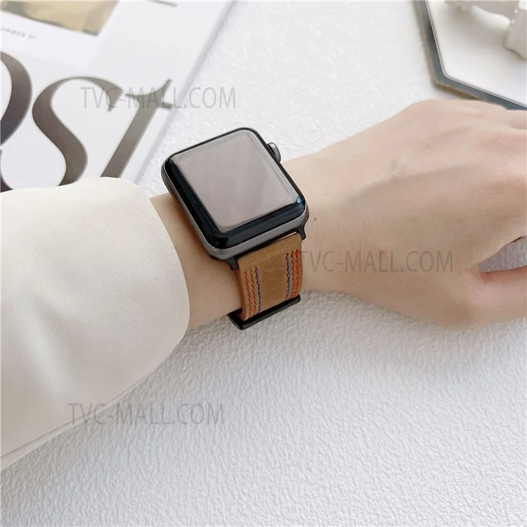 Genuine Leather Stitching Design Smart Bracelet Watch Strap Replacement for Apple Watch Ultra 2 49mm / Series 9 45mm / SE (2023) 44mm / Series 3 / 2 / 1 42mm / Apple Watch Series 6 / 5 / 4 / SE 44mm / SE (2022) 44mm / Ultra 49mm / Series 8 45mm / 7 45mm - Brown
