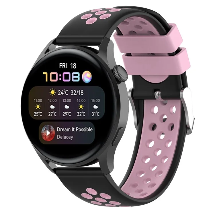 Bracelet de montre silicone à double couleur avec trous multiples, respirant, pour Huawei Watch GT3 42mm/Samsung Galaxy Watch 42mm - Noir/Rose
