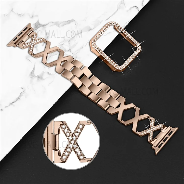 Acero Inoxidable Shiny Rinestone X Design Smart Watch Band + Watch Case Cubre Para Apple Watch Series 1/2/3 42 mm - Oro