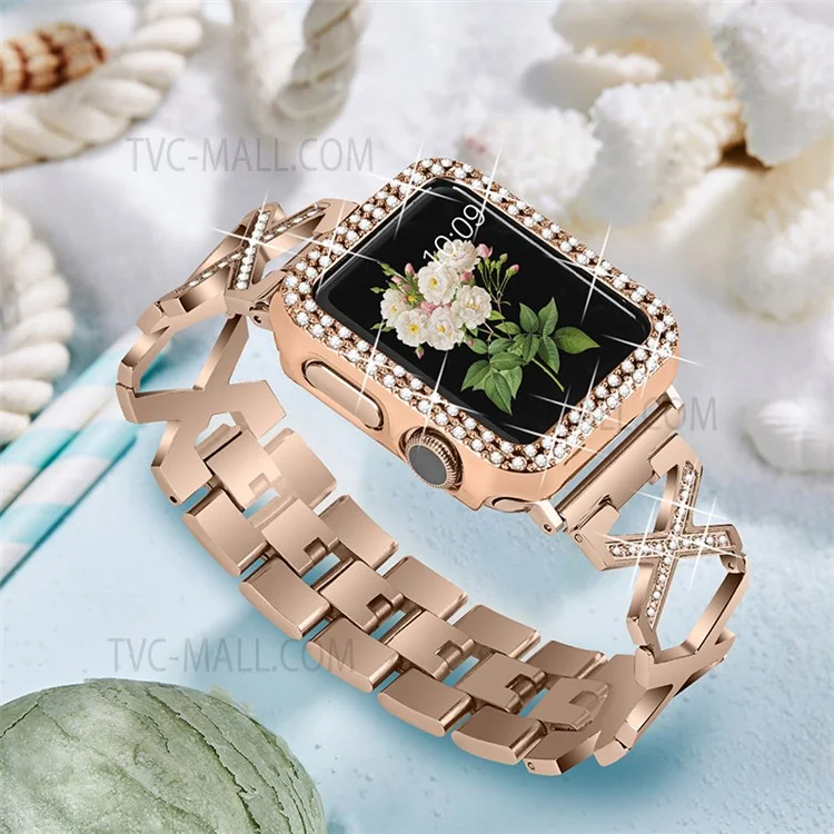 Acero Inoxidable Shiny Rinestone X Design Smart Watch Band + Watch Case Cubre Para Apple Watch Series 1/2/3 42 mm - Oro