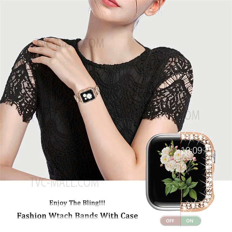 Acero Inoxidable Shiny Rinestone X Design Smart Watch Band + Watch Case Cubre Para Apple Watch Series 1/2/3 42 mm - Oro