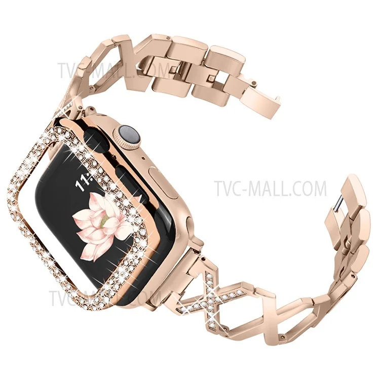 Stainless Steel Rhinestone Decor Watch Case Cover + X Design Watch Band Strap for Apple Watch SE 44mm / SE (2022) 44mm / Watch Series 4 / 5 / 6 44mm - Gold