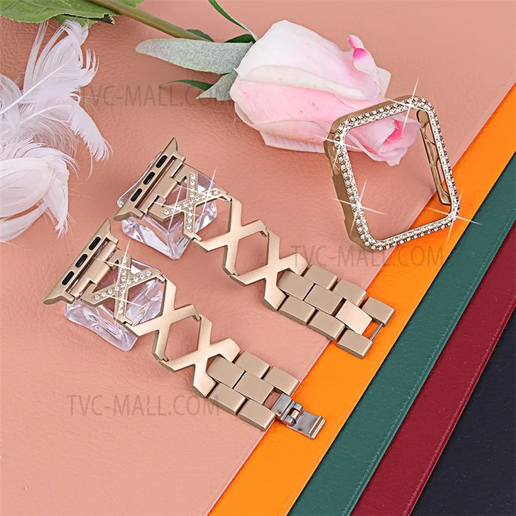Stainless Steel Rhinestone Decor Watch Case Cover + X Design Watch Band Strap for Apple Watch SE 44mm / SE (2022) 44mm / Watch Series 4 / 5 / 6 44mm - Gold