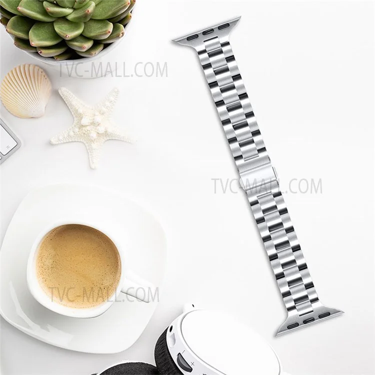 Smartwatch-Armband aus Edelstahl mit 3 Perlen und Doppelfaltschließe für Apple Watch Series 10 46mm / Ultra 2 Ultra 49mm / 9 8 7 45mm / SE (2023) SE (2022) SE 6 5 4 44mm / 3 2 1 42mm - Silber